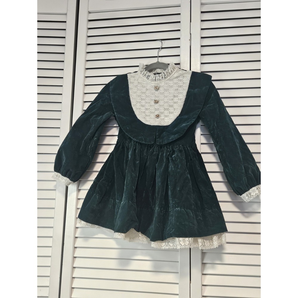 Vintage Jill Lynn Green Velvet Christmas Dress Sz 5 Lace Ruffle Holiday Portrait